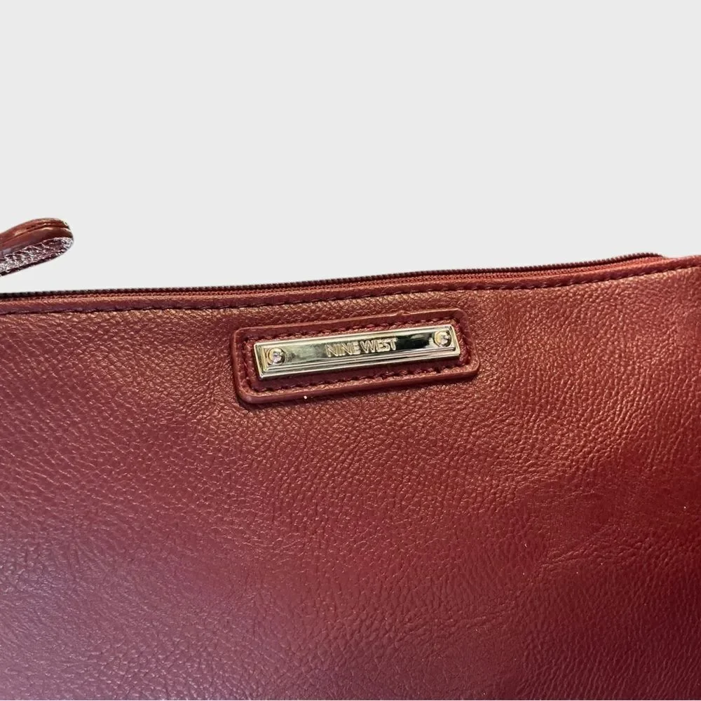 Nine West Brown Faux Leather Zip Wristlet Clutch Wallet Pouch 9.5”
